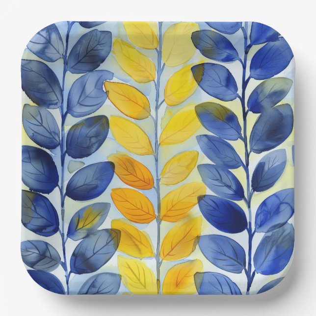Yellow and Blue Leaves Paper Plate (Front)