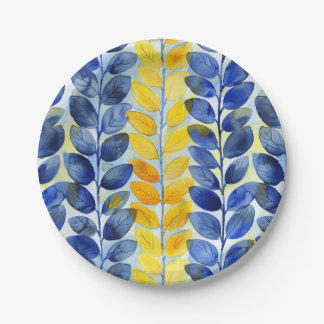Yellow and Blue Leaves Paper Plate