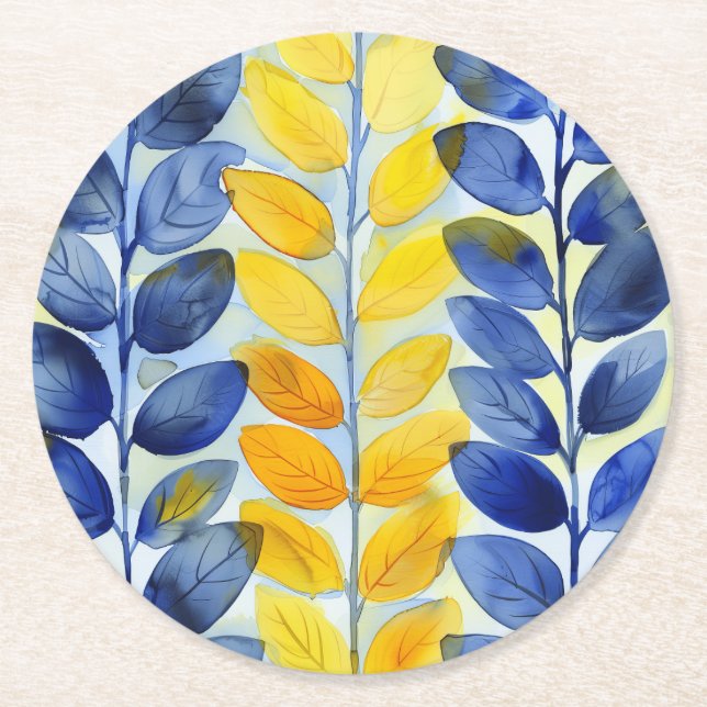 Yellow and Blue Leaves Round Paper Coaster (Front)