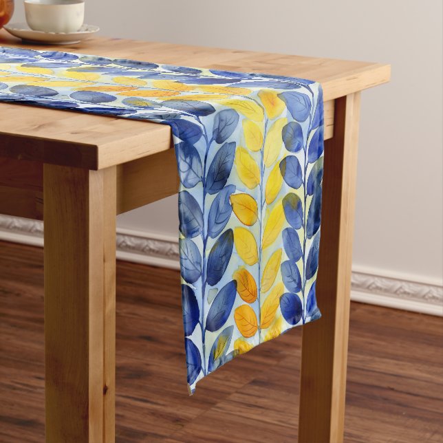 Yellow and Blue Leaves Short Table Runner (In Situ)