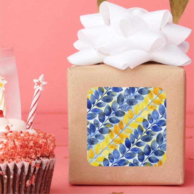 Yellow and Blue Leaves Square Sticker (Party)