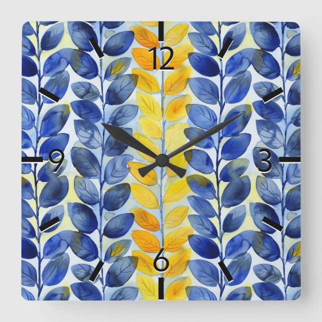 Yellow and Blue Leaves Square Wall Clock (Front)