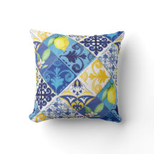 Yellow and Blue Lemon floral Pillow. Sicilian