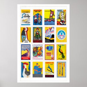 Yellow and Blue Matchbox Label Collage, colourful Poster