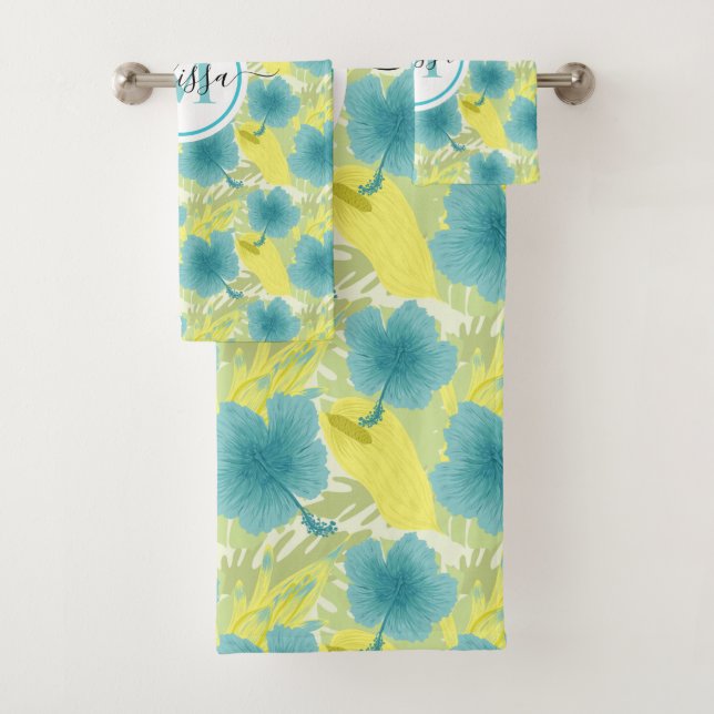 yellow and blue monogram floral  bath towel set (Insitu)