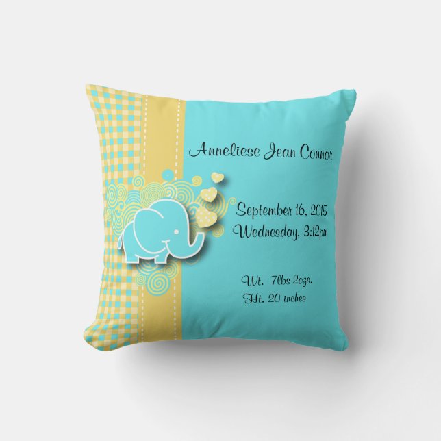 Yellow and Blue Plaid Baby Elephant Nursery Theme Cushion (Front)
