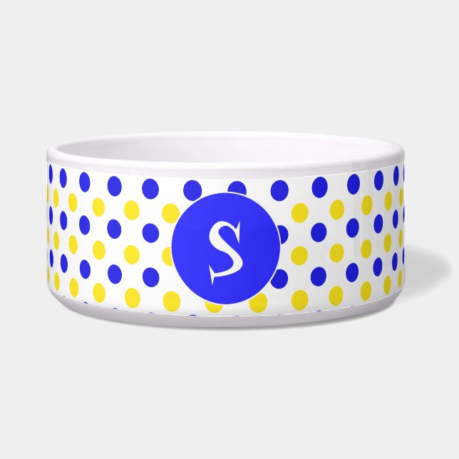 Yellow and Blue Polka Dots Monogrammed Pet Bowl (Front)
