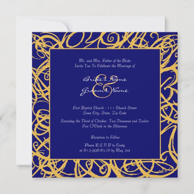Yellow and Blue Sketchy Frame Wedding Invitation (Front)
