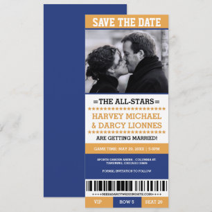 Yellow and Blue Sports Ticket Save the Date Invitation