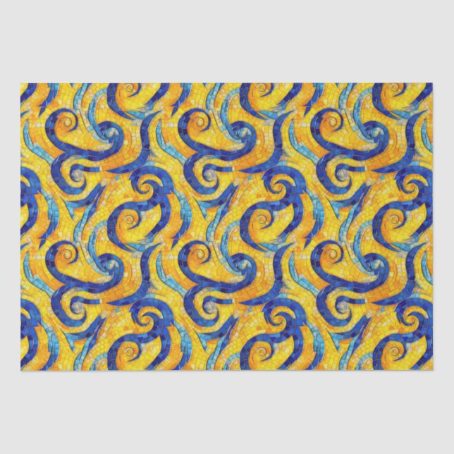 Yellow and Blue Starry Night Mosaic Glass Pattern Tissue Paper (Front)