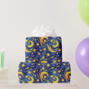 Yellow and Blue Starry Night Mosaic Glass Pattern Wrapping Paper