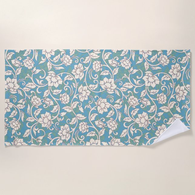 Yellow and Blue Swirling Flowers Beach Towel (Front)