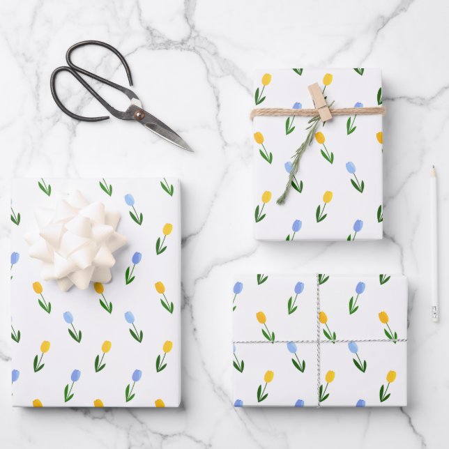 Yellow and Blue Tulip Flower Pattern Wrapping Paper Sheet (Front)