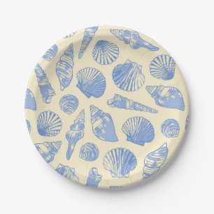 Yellow and Blue Vintage Coastal Seashells Paper Plate