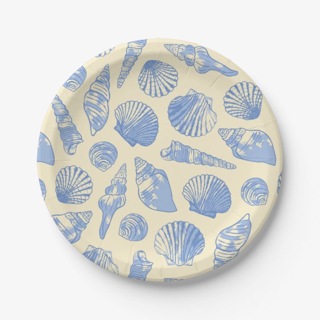 Yellow and Blue Vintage Coastal Seashells Paper Plate (Front)