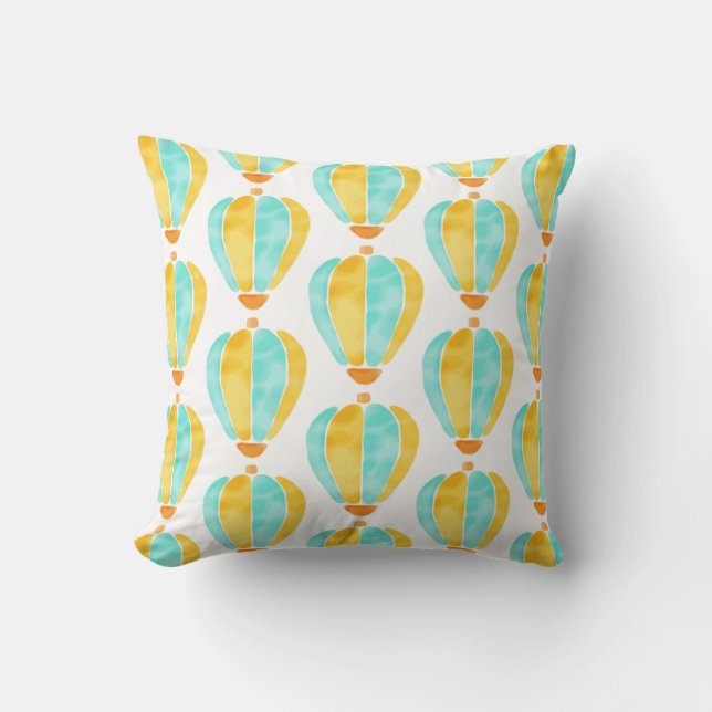 Yellow and Blue Watercolor Hot Air Balloons Cushion (Front)