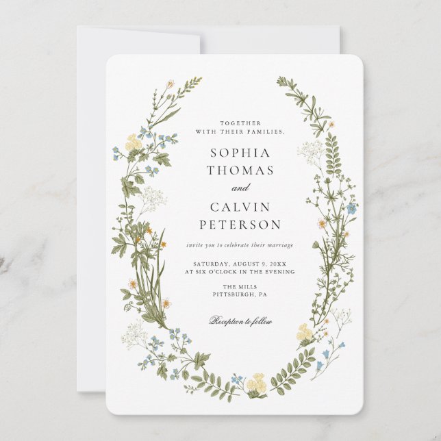 Yellow and Blue Wildflower Wedding Invitation (Front)