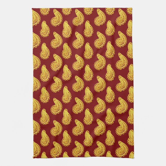 Yellow and brick red paisley tea towel (Vertical)