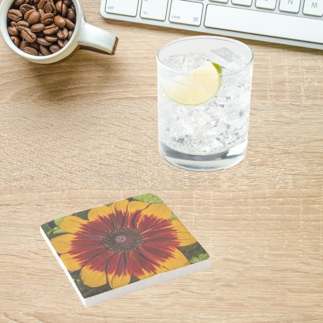 Yellow and Bronze Rudbeckia Floral Stone Coaster (In Situ)