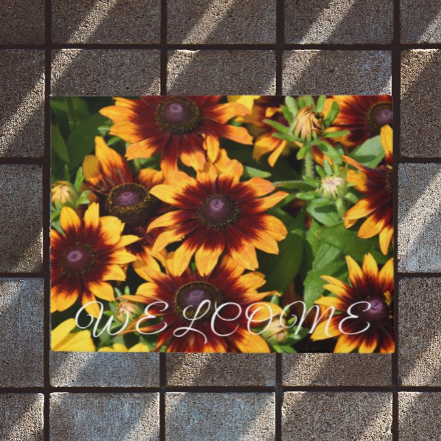 Yellow and Bronze Rudbeckias Floral Welcome Doormat (In Situ)