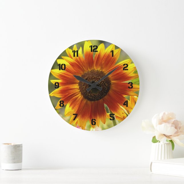 Yellow and Bronze Sunflower Floral Large Clock (Home)