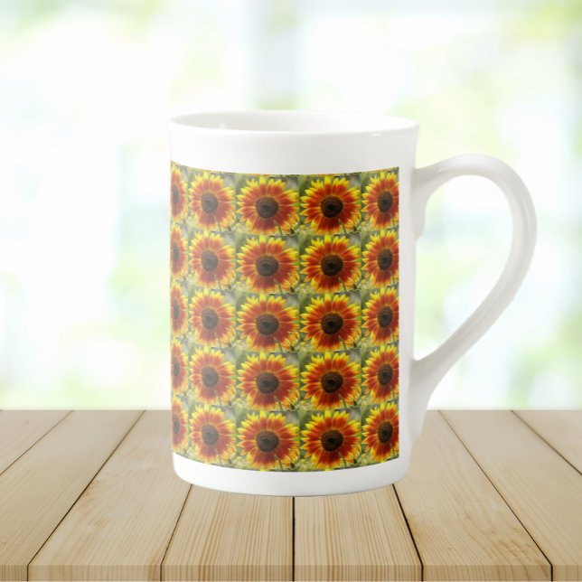 Yellow and Bronze Sunflower Floral Pattern Bone China Mug (In Situ)