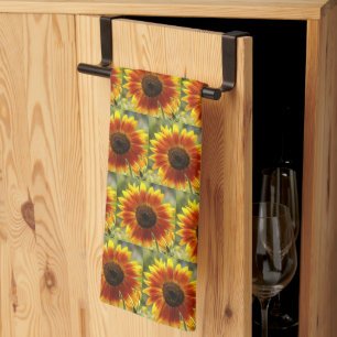 Yellow and Bronze Sunflower Floral Pattern Tea Towel