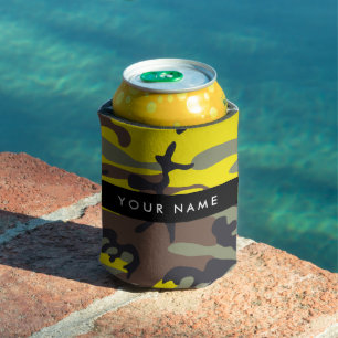 Yellow and Brown Camouflage Your name Personalise Can Cooler