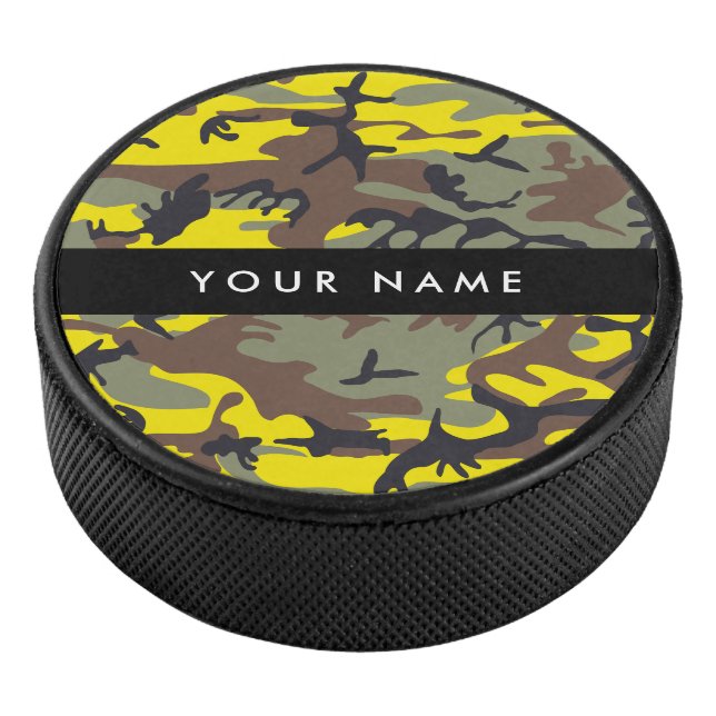 Yellow and Brown Camouflage Your name Personalise Hockey Puck (3/4)