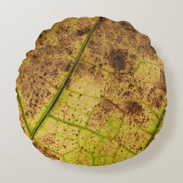 Yellow and Brown Dying Macro Leaf Round Cushion (Front)