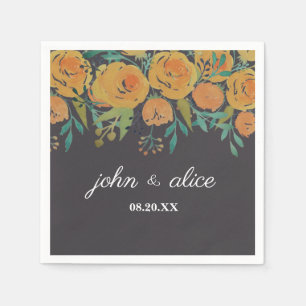 Yellow and Brown Floral Peonies and Roses Wedding Napkin