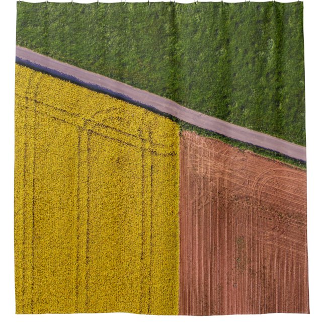 Yellow and brown textile shower curtain (Front)