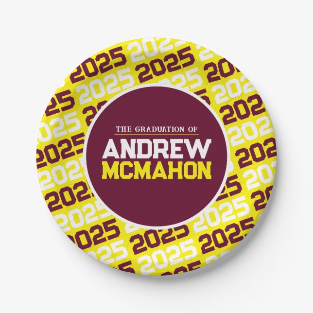 Yellow and Burgundy Personalised Graduation Paper Plate (Front)