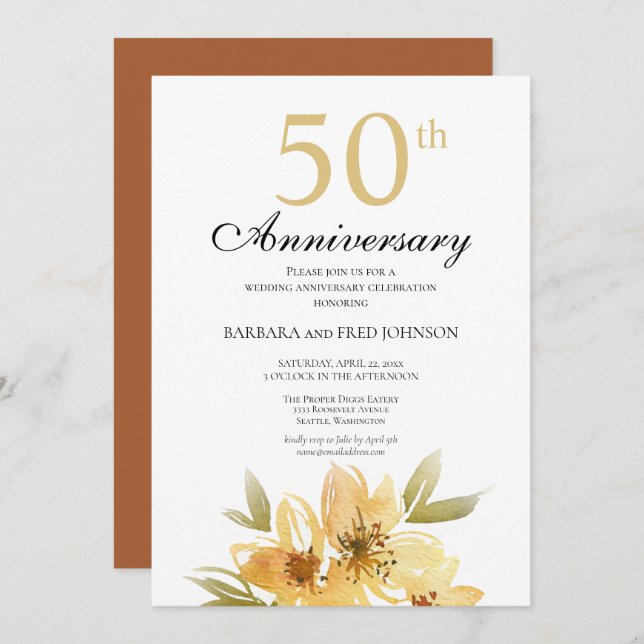 Yellow and Copper Flower 50th Anniversary Party Invitation (Front/Back)