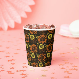 Yellow and Copper Retro Floral Print on Brown  Paper Cups