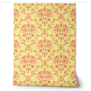 Yellow and Cranberry Pink Damask Wallpaper