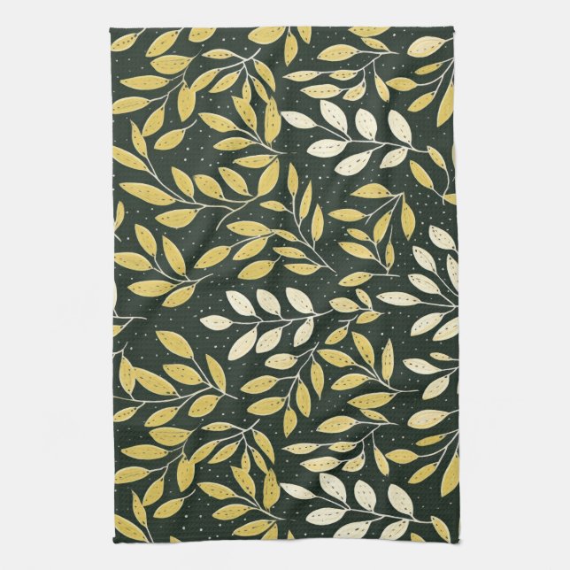 Yellow and Cream Leafy Branches Pattern  Tea Towel (Vertical)