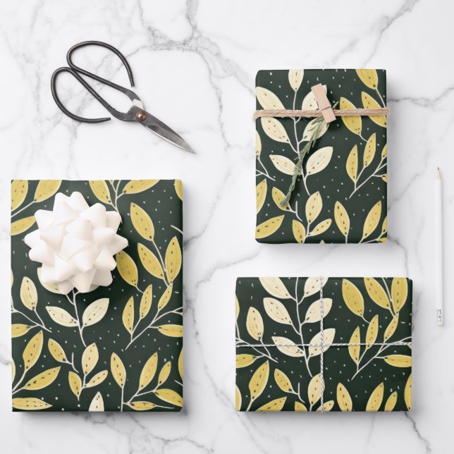 Yellow and Cream Leafy Branches Pattern  Wrapping Paper Sheet (Front)