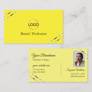 Yellow and Cream with Silver Lines Logo Photo Business Card