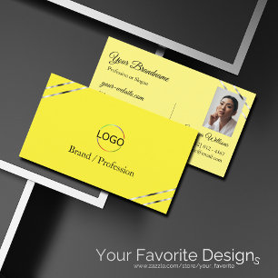 Yellow and Cream with Silver Lines Logo Photo Business Card