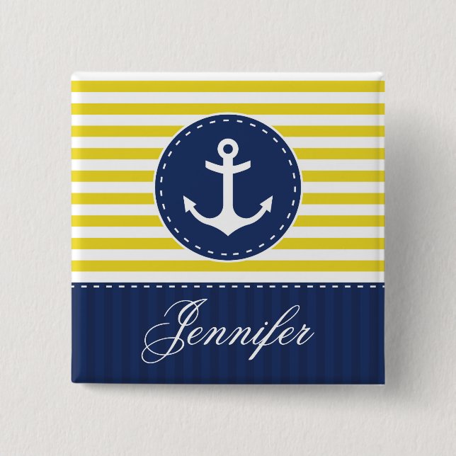 Yellow and Dark Blue Stripes Anchor With Name 15 Cm Square Badge (Front)