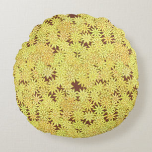 Yellow and gold Daisies on Chocolate Brown Round Cushion