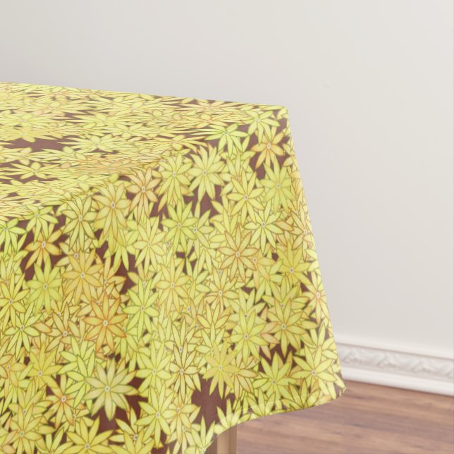 Yellow and gold Daisies on Chocolate Brown Tablecloth (In Situ)