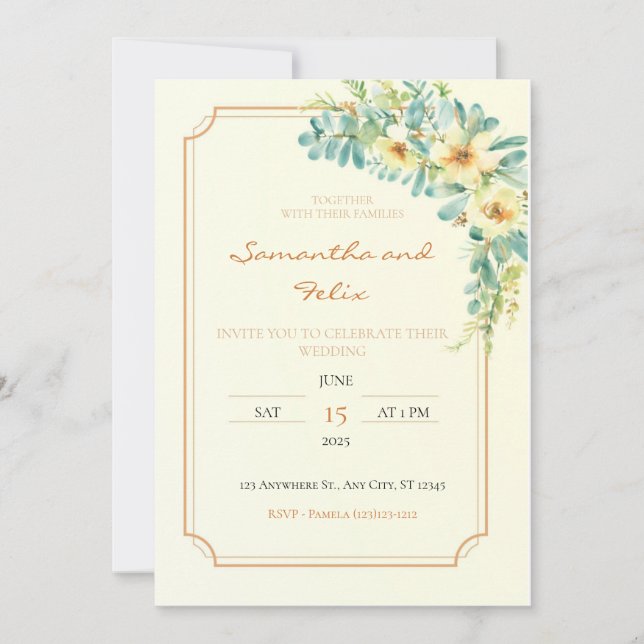 Yellow and Gold Floral Wedding Invitation (Front)
