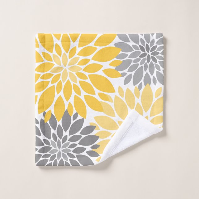 Yellow and Gray Chrysanthemums Floral Pattern Bath Towel Set (Wash Cloth)