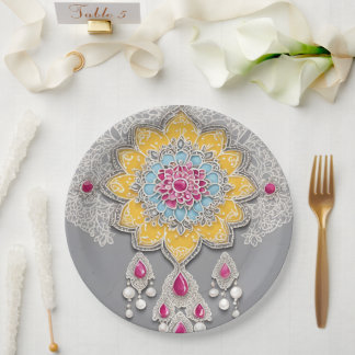 Yellow and gray floral patterns AI art Paper Plate