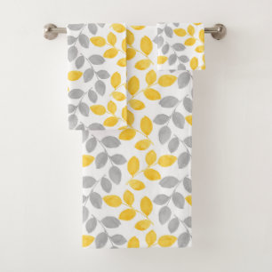 Yellow and Gray Watercolor Leaves Pattern Bath Towel Set