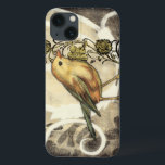 Yellow and Green Bird on Vintage Background iPhone 13 Case<br><div class="desc">This mix of painting and sketching portrays a close-up of a yellow and green bird on a simple black and beige background. The white lines in the background add a vintage tone. This image would fit perfect on any customisable Zazzle product.</div>