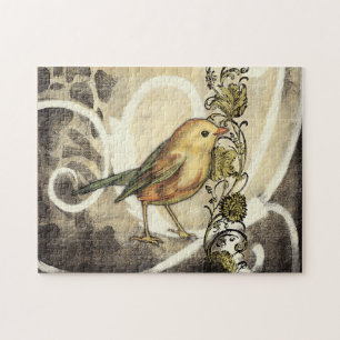 Yellow and Green Bird on Vintage Background Jigsaw Puzzle