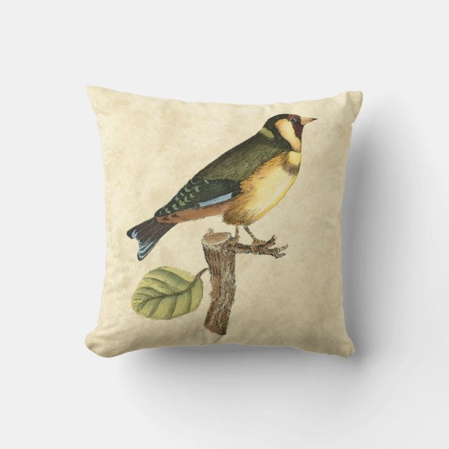 Yellow and Green Bird Perched on a Little Branch Cushion (Front)